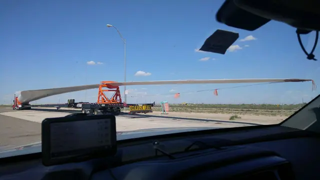 Wind turbine blade seen through the escort truck's windshield